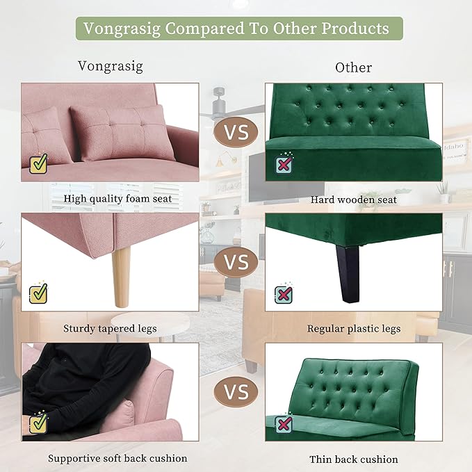 Vongrasig Small Modern Loveseat Sofa 47" Mid Century Linen 2 Seat Couch Tufted Love Seat, Pink