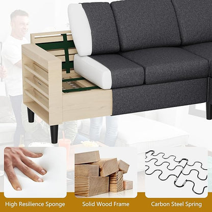 Shintenchi Convertible Sectional Sofa 3 Seat L Shaped Sofa with Movable Ottoman Linen, Black
