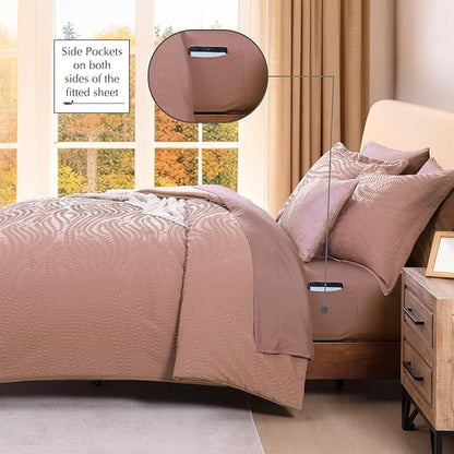 Geniospin Twin Comforter Set - 5 Pieces Dusty Pink Bedding Set, Botanical Textured Comforter Bed Set, All Season Lightweight Bed in a Bag with Comforter, Sheets, Pillowcases & Shams