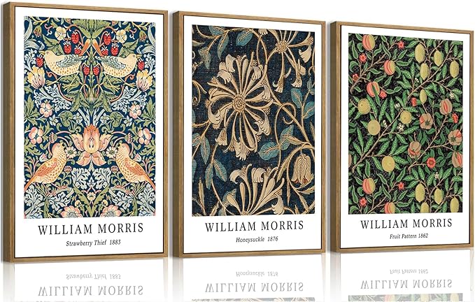 ILLBDR William Morris Framed Wall Art Vintage Botanical Canvas Wall Art Set of 3 Gold Strawberry Thief Prints Cotton Artwork Birds Pictures Decor for Bedroom Living Room 16x24 Inch