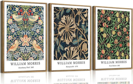 ILLBDR William Morris Framed Wall Art Vintage Botanical Canvas Wall Art Set of 3 Gold Strawberry Thief Prints Cotton Artwork Birds Pictures Decor for Bedroom Living Room 16x24 Inch