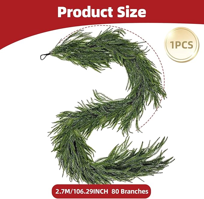 Christmas Garlands 9FT Norfolk Pine Garland 1PCS Realistic Artificial Faux Greenery Garland for Mantle Holiday Indoor Outdoor Fireplace Window Stairs Winter Christmas Decorations