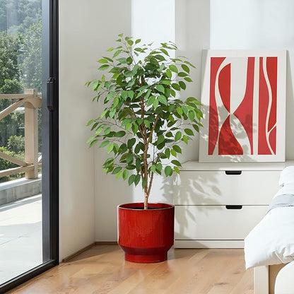 LuxenHome 11" Dia Ceramic Planters, Large Outdoor Indoor Plant Pots with Drainage Holes and Rubber Plug, Modern Red Glazed Round Flower Pot Planters for Home Garden Patio or Office