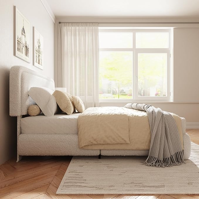 Queen Size Boucle Bed Frame, Cloud Upholstered Platform Bed with Height Adjustable Headboard & Soft Rounded Corners, No Box Spring Needed, Noise Free, Easy Assembly, White