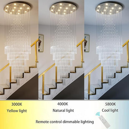 W32 x H100 Glam Chandelier with LED Bulbs Crystal Raindrop High Ceiling Pendant Light for Entrance Large Villa Chandelier Foyer Lighting Fixtures Silver