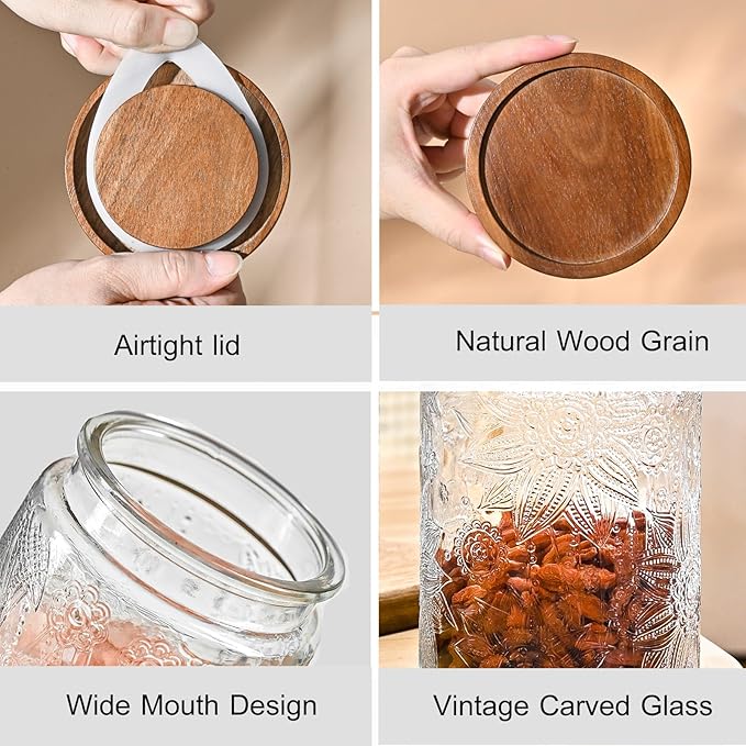 25oz Vintage Glass Jar With Lid, Glass Storage Containers, Airtight Kitchen Storage Containers For Sugar, Coffee, Tea, Spice, Flour, Candy Cookie, Pasta, Cereal, Cute Decorative Jars