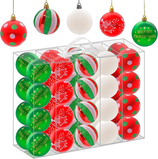 40PCS 2.36" Christmas Balls Ornaments, Plastic Christmas Tree Ornaments, Holiday Baubles, Hanging Decorations for Xmas Trees Holiday Party, Red Green White Baubles