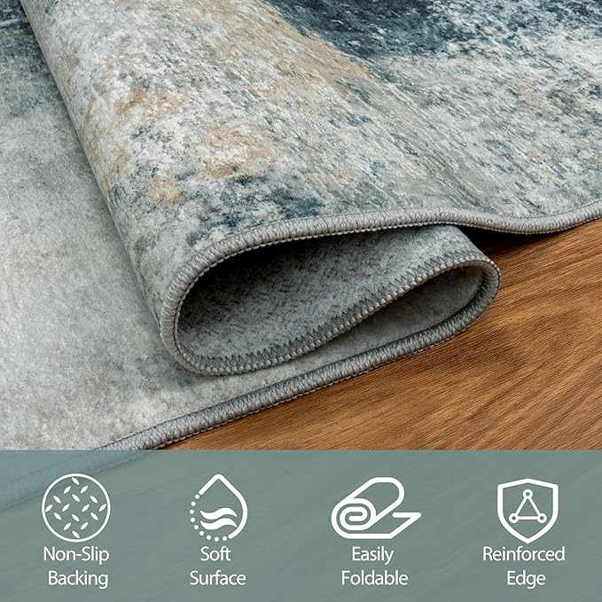 6x9 Area Rugs for Living Room Rug Washable: Abstract Rug for Dining Room Bedroom Carpet Non Slip 6 by 9 Indoor Modern Nursery Home Office Teal Grey Gold
