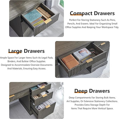 JXQTLINGMU 58" Modern Executive Desk with Storage, Wood Home Office Desk with Drawer & Cabinet, Fluted Computer Writing Desk for Study, Living Room, Bedroom, Grayish Green