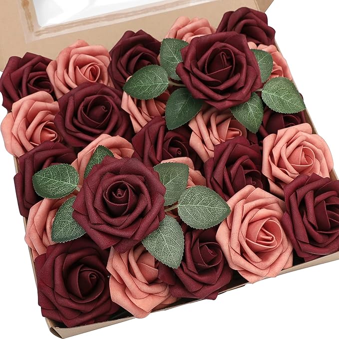 Floroom Artificial Flowers 50pcs Real Looking Burgundy & Pinky Cedar Foam Fake Roses with Stems for DIY Wedding Bouquets Bridal Shower Centerpieces Floral Arrangements Party Tables Home Decorations