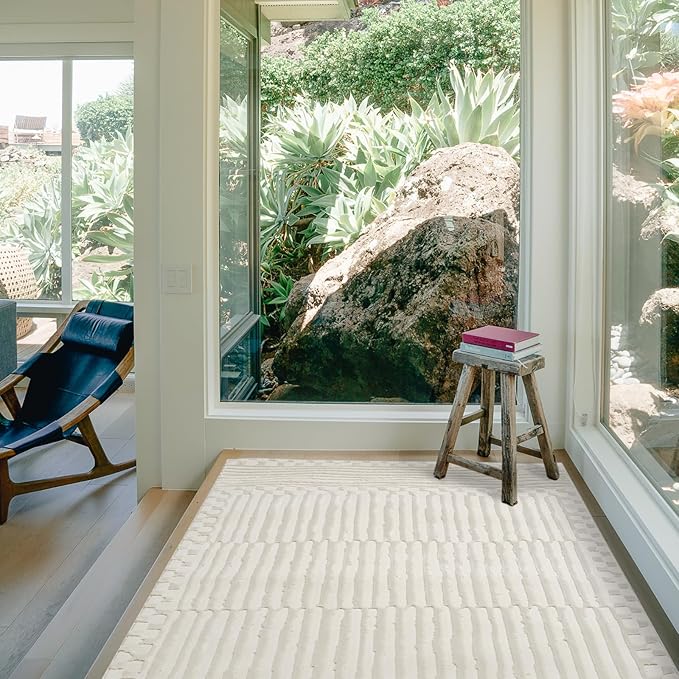 Revival Rugs Soloba 3'11"x6'1" Machine Washable Area Rug for Kitchen Bedroom - 100% Recycled Oeko-TEX Certified, Medium Pile, Beige, Cream