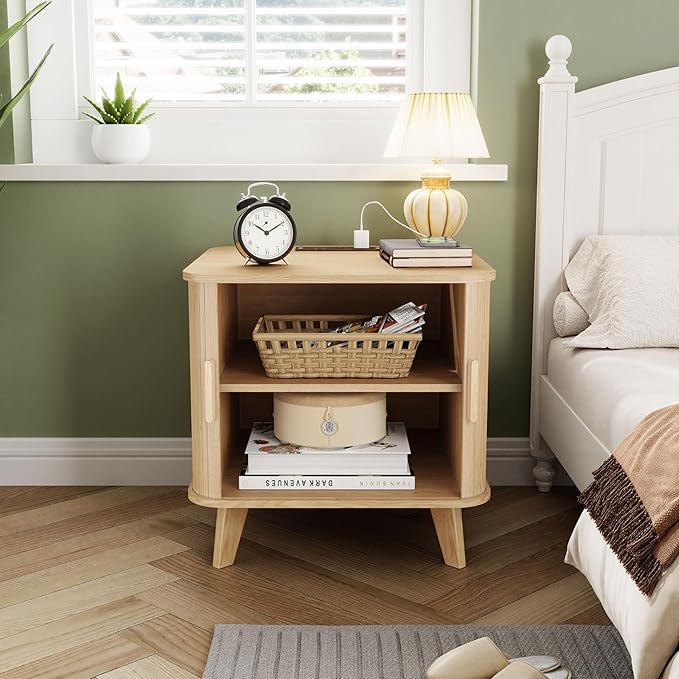 End Table with Charging Station, 24" Fluted Night Stands with Sliding Door, Farmhouse Large Wooden Side Table with Storage for Bedroom Living (Square, Natural)