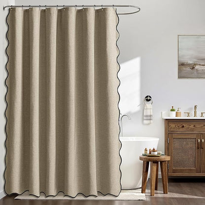 MIULEE 84" Long Scalloped Shower Curtain Linen Textured with 12 Metal Hooks Cute Extra Long Heavy Duty Washable Waterproof Cloth Shower Curtains with Black Border for Bathroom Hotel Bathtub,Khaki