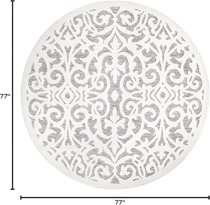 Orian My Texas House Lady Bird Rug 6.5ft Round High-Low Floral Indoor Outdoor, Natural Grey