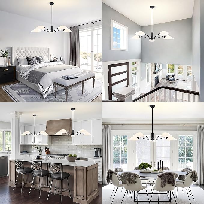 MEXO Modern Glass Chandeliers, Sputnik Chandelier Black Pendant Lighting Fixture Glass Shade Ceiling Light for Dining Room Kitchen Island