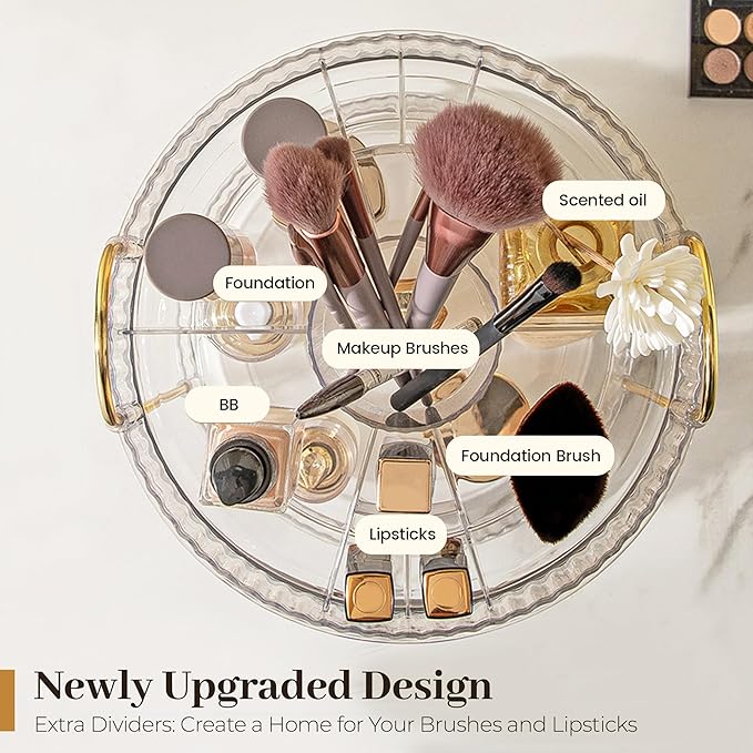 Aveniee 360 Rotating Makeup Organizer for Vanity, Perfume Storage with Brush Holder for Bathroom Countertop, 3 Tier Spinning Skincare Display Case for Lipstick Cosmetic Lotion,Green