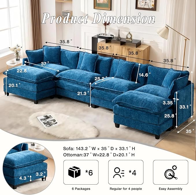 SoarFlash 143.2" Chenille Sectional Sofa, Comfy U Shaped Modular Coush Sofa with Ottoman, Modern 4 Seat Couch Deep Seat Sofa Set for Living Room,Blue