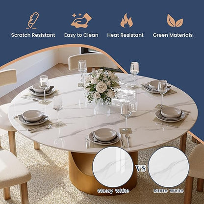 POVISON Round Dining Table for 4-6, 60" Glossy White Sintered Stone Tabletop with Bronze Carbon Steel Pedestal