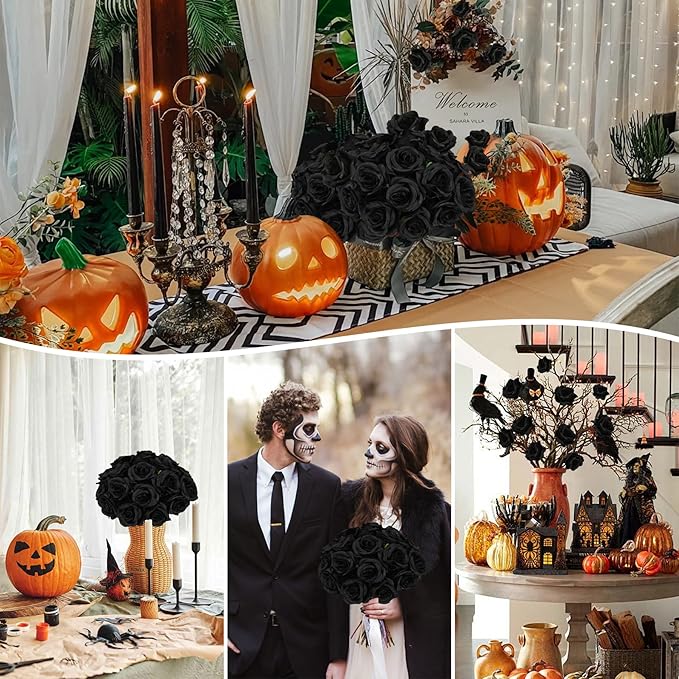 Nubry 50pcs Artificial Silk Roses Bulk,Fake Roses Flower with Stems Realistic Flowers for Wedding Centerpiece Home Party Decor(Black)