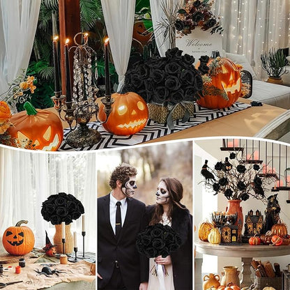 Nubry 50pcs Artificial Silk Roses Bulk,Fake Roses Flower with Stems Realistic Flowers for Wedding Centerpiece Home Party Decor(Black)