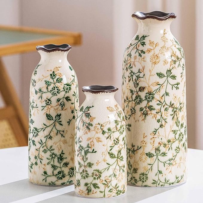 Ceramic Vase Set of 3, Vintage Green and Beige Vases Set, Flower Rustic Chinoiserie Vases Floral Grand Millennial Farmhouse Decor Vase for Home Decor, Living Room, Kitchen, Bedroom, Bookshelf