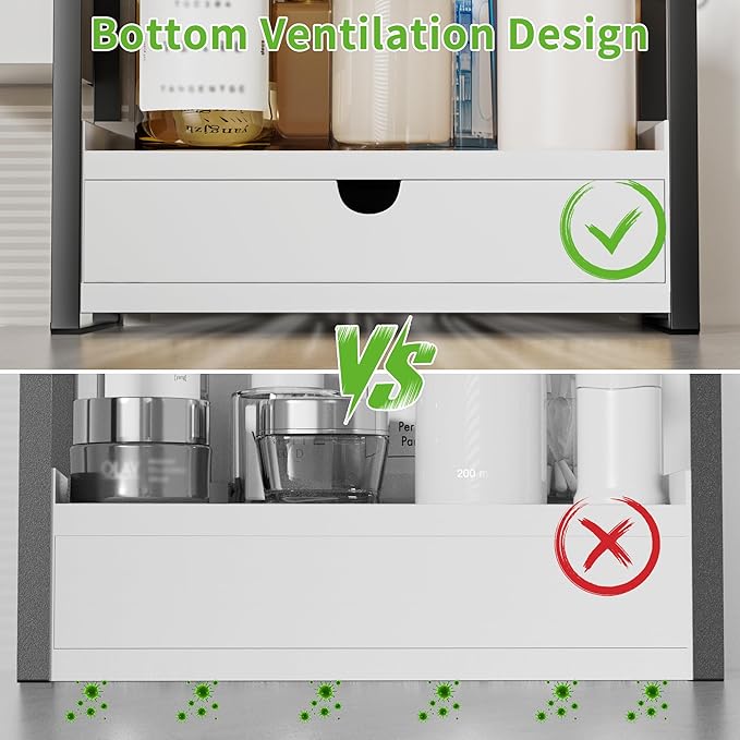 2-Tier Bathroom Counter Organizer with Drawer and Basket, Wood Countertop Organizer for Storage, Skincare Organizers for Vanity, Counter Shelf for Bathroom Organization,White