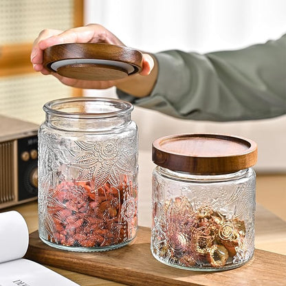 24oz Vintage Glass Canister With Lid Small Glass Jars Wide Mouth Mason Jars Airtight Coffee Canisters Kitchen Storage Containers For Sugar Tea Spice Flour Candy Cookie Cereal Cute Decorative