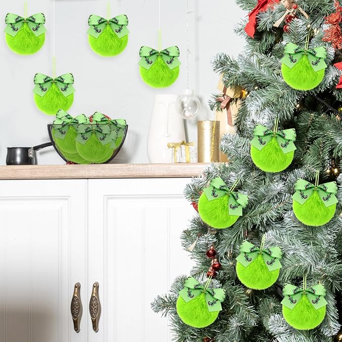 Norme 24-Pack Lime Green Furry Christmas Balls with Bow, 4" Soft Faux Fur Plush Pom Pom Ball Ornaments for Christmas Tree Hanging Decorations Party Fireplace Mantel Wall Decor(Candy Cane)