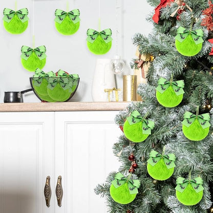 Norme 24-Pack Lime Green Furry Christmas Balls with Bow, 4" Soft Faux Fur Plush Pom Pom Ball Ornaments for Christmas Tree Hanging Decorations Party Fireplace Mantel Wall Decor(Candy Cane)