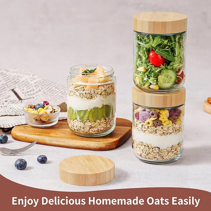 DRKIO 16 Oz Overnight Oats Containers with Bamboo Lids - 4 Pack Glass Storage Jars with Airtight Lids Wide Mouth Mason Food Jars Great for Meal Prep Salad Chia Pudding Snacks Yogurt Sugar Spice Cereal