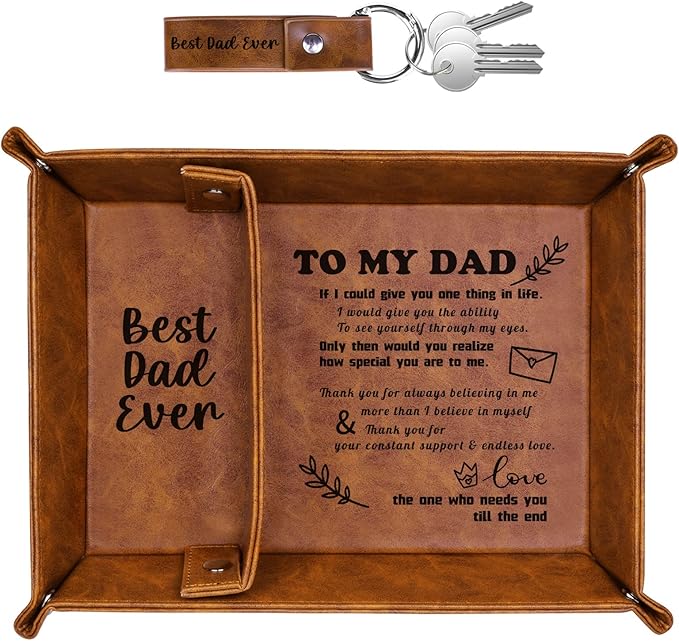 Best Dad Ever PU Leather Tray and Keychain, Dad Gifts for Father Day, Unique Dad Birthday Gift from Daughter Son, Men Gift for Father, New Dad Gifts for Husband from Wife