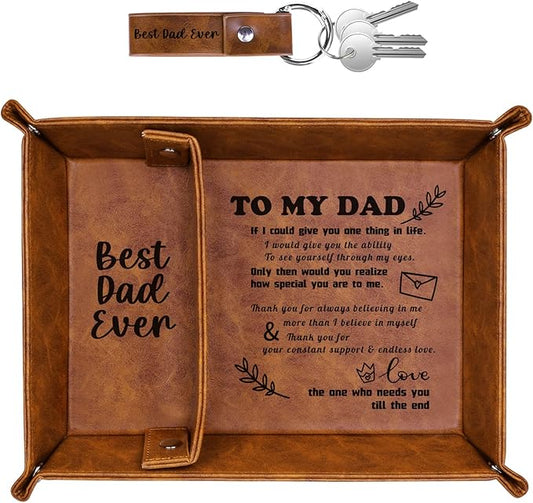 Best Dad Ever PU Leather Tray and Keychain, Dad Gifts for Father Day, Unique Dad Birthday Gift from Daughter Son, Men Gift for Father, New Dad Gifts for Husband from Wife