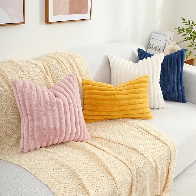 decorUhome Faux Fur Christmas Throw Pillow Covers 26x26 Set of 2, Decorative Soft Plush Striped Neutral Euro Pillow Covers with Velvet Back for Bed, Living Room Home Decor, Cream White