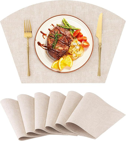 Homaxy Round Table Placemats Set of 6, Washable Wedge Shaped Faux Leather Table Mats, Wipeable Kitchen Dinner Place Mats for Indoor Outdoor, Beige