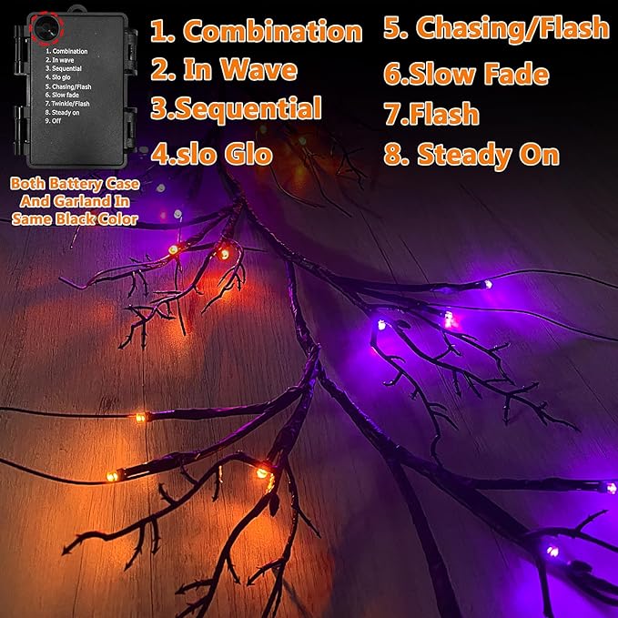 6 Ft 54 LED Halloween Willow Vine Twig Decor Garland with 8 Modes Timer Orange & Purple Lights Waterproof Battery Operated Halloween Decorations for Home Bedroom Wall Fireplace Mantle Decor