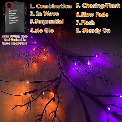 6 Ft 54 LED Halloween Willow Vine Twig Decor Garland with 8 Modes Timer Orange & Purple Lights Waterproof Battery Operated Halloween Decorations for Home Bedroom Wall Fireplace Mantle Decor