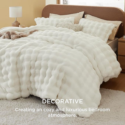 Bedsure Luxurious Faux Fur Duvet Cover Queen Size Set - Ultra Soft & Fluffy & Cozy & Warm - Elegant Shaggy Bubble Design Bedding with Duvet Cover and Pillow Shams, Coconut White