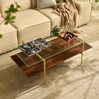 Saint Mossi Tadio X-Large Glass Coffee Table, Clear Double Layer Glass Coffee Table for Living Room, Clear Glass & Coffee Brown Bottom Shelf