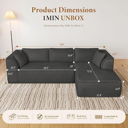 Vesgantti 106" Modular Sectional Sofa with Chaise, Deep Seat Comfy Cloud  Corduroy L Shaped Sofa Sectional for Living Room Bedroom, No Assembly Required (Grey, Right-Facing Chaise)