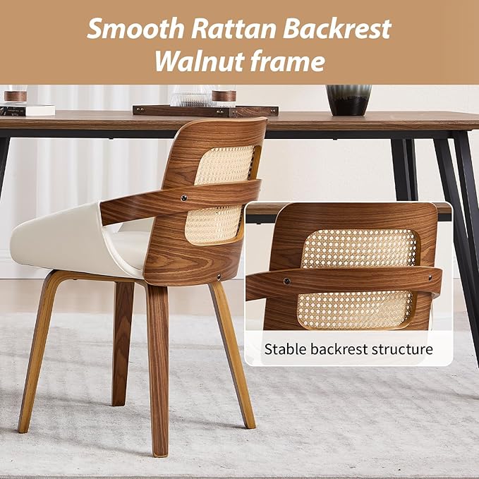 Dining Chairs Set of 2, Mid Century Modern Dining Room Chairs with Arms and Rattan Back PU Leather Upholstered Bentwood Kitchen Chairs for Home Restaurant Office - Beige