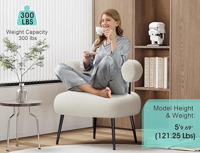 Mid Century Sherpa Boucle Accent Chair, Round Upholstered Barrel Arm Chair for Small Spaces, Fluffy Side Corner Chair for Living Room, Bedroom, Vanity, Office, Reading Nook