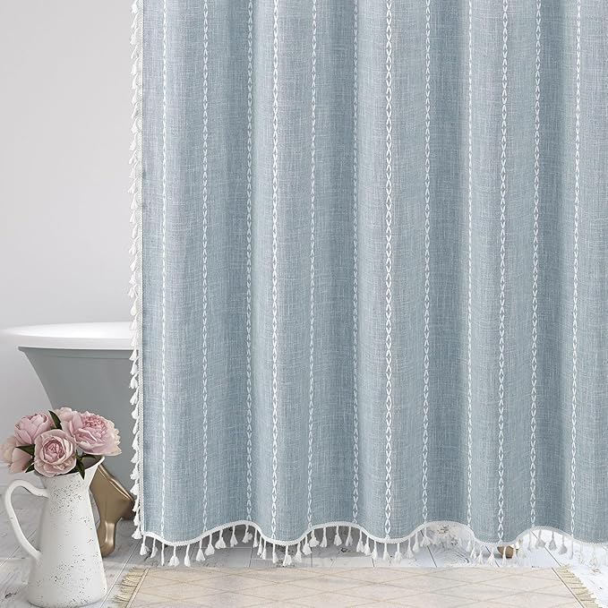 MitoVilla White Boho Farmhouse Small Stall Shower Curtain Set 36 x 72, Half Size Narrow Polyester Linen Fabric Shower Curtains for Farmhouse Bathroom Decor, White