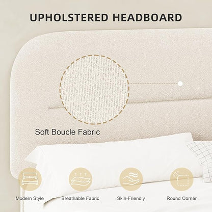 King Size Boucle Bed Frame, Upholstered Cloud with Headboard, Soft Platform with Thickened Footboard, Rounded Corners, No Box Spring Required, Easy Assembly, Cream