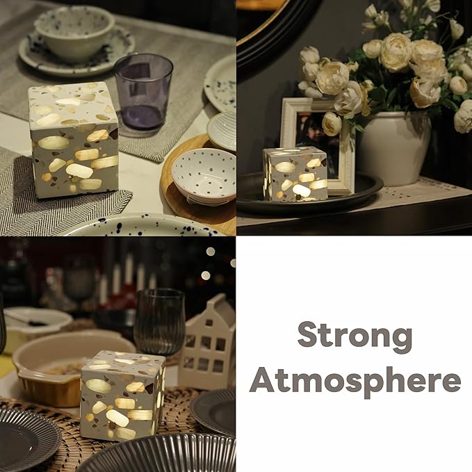2025 New Ivory White Small Table Lamp,Stone Material, Cordless Table Lamp,3.5"Rechargeable Table Lamp ,Battery Operated Bedside Lamps,3 Colors Touch Dimmable for Bedroom Bathroom Bar Kitchen（Cube）