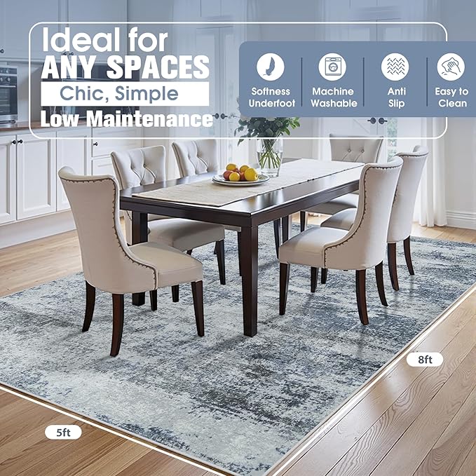 5x8 Area Rugs for Living Room Rug Washable: Abstract Rug for Dining Room Bedroom Carpet Non Slip 5 by 8 Indoor Modern Nursery Home Office Blue Grey