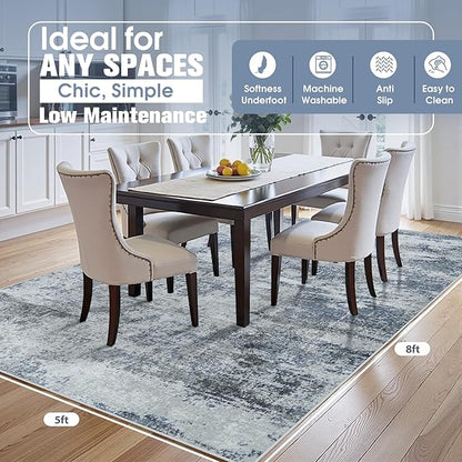 5x8 Area Rugs for Living Room Rug Washable: Abstract Rug for Dining Room Bedroom Carpet Non Slip 5 by 8 Indoor Modern Nursery Home Office Blue Grey
