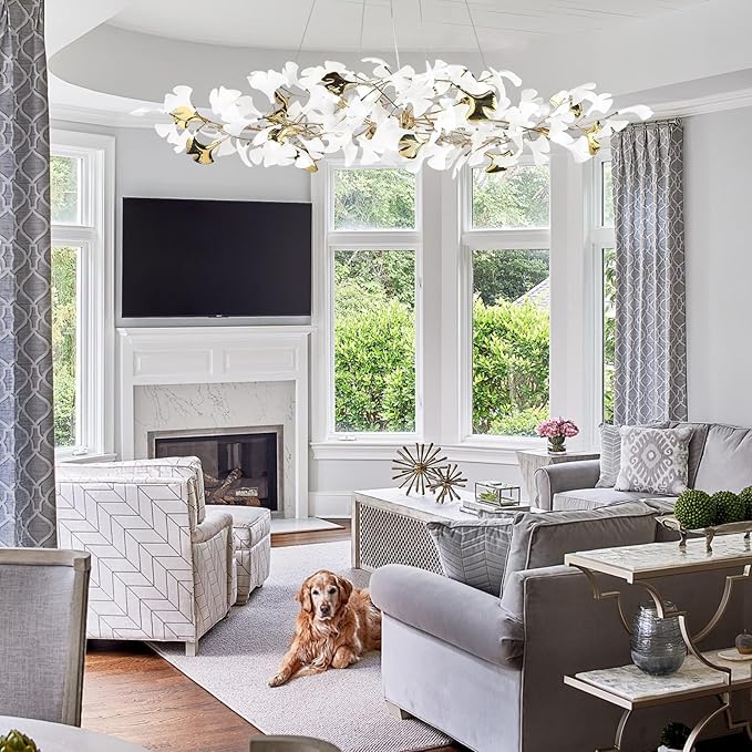 59in Gold Branch Chandelier, Modern White Ginkgo Leaf Chandeliers, Hanging Brass Gold Chandelier Pendant Light Fixture for Living Room, Dining Room 10-Light