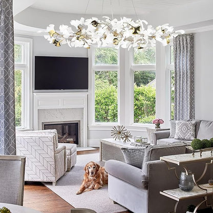 59in Gold Branch Chandelier, Modern White Ginkgo Leaf Chandeliers, Hanging Brass Gold Chandelier Pendant Light Fixture for Living Room, Dining Room 10-Light