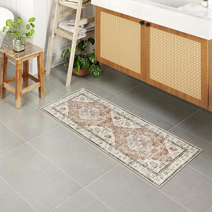 Uphome Orange Bathroom Rugs, Distressed Farmhouse Boho Bath Mat, Non Slip Washable Soft Velvet Bath Mats for Bathroom Floor, Vintage Traditonal Bath Runner for Bathtub Sink Shower, 18x47 inch