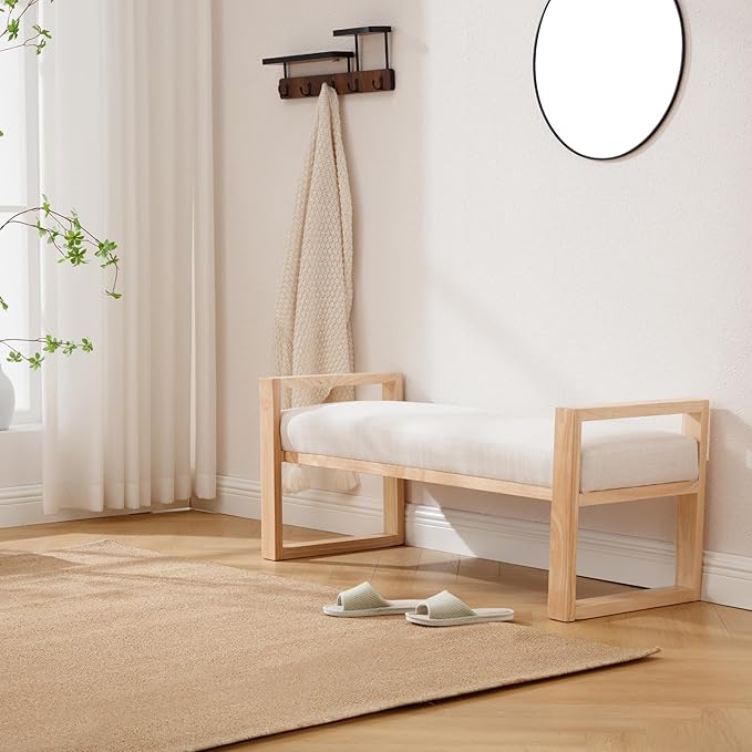 Kmax Entryway Bench, Wooden Bench for Bedroom End of Bed with Hollow Arms Farmhouse Upholstered Bench Rustic Window Bench for Entry Way Bedroom Living Room - Linen, Beige